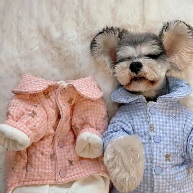 Medvilninė striukė su keturkojais augintiniams Mielas languotas meškiuko striukė Pastorintas šuniukas Mažas šuniukas Jorkšyro šnauceris Teddy Drabužiai Šuns kostiumas