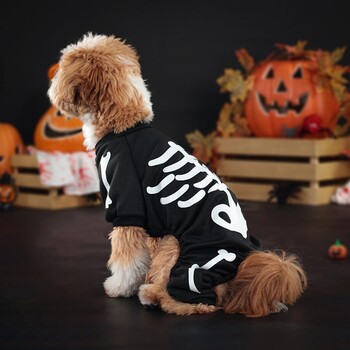 Glow Dark Pet Outfit Подходящо за кожата Pet Outfit Skeleton Pet Costume Гащеризон за малки средни кучета Забавен Хелоуин за кученце