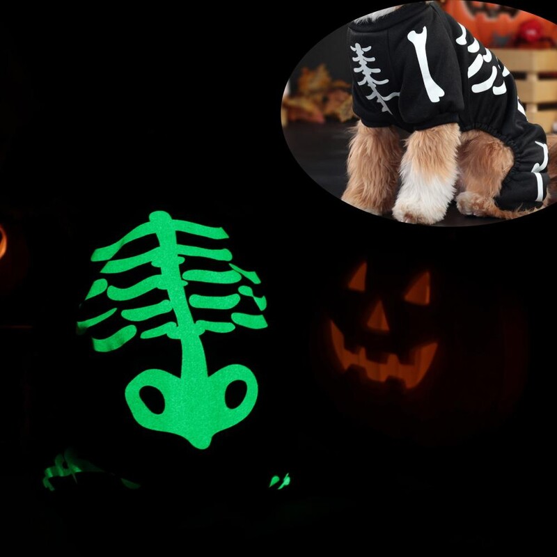 Glow Dark Pet Outfit Bőrbarát Pet Outfit Skeleton Pet jelmez Jumpsuit kis közepes kutyáknak Vicces Halloween kiskutya számára