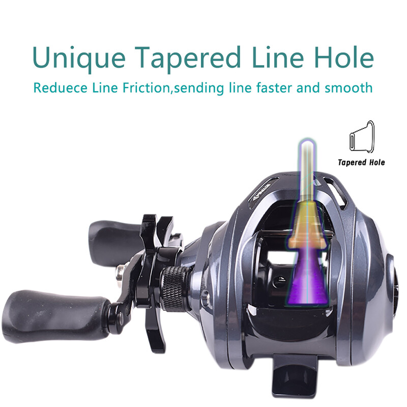 Mavllos Finsen makšķerēšanas spole, oglekļa šķiedras bremžu vilkmes jauda 7 kg, attiecība 7,1:1, misiņa zobrata magnētiskās sistēmas Baitcaster spole