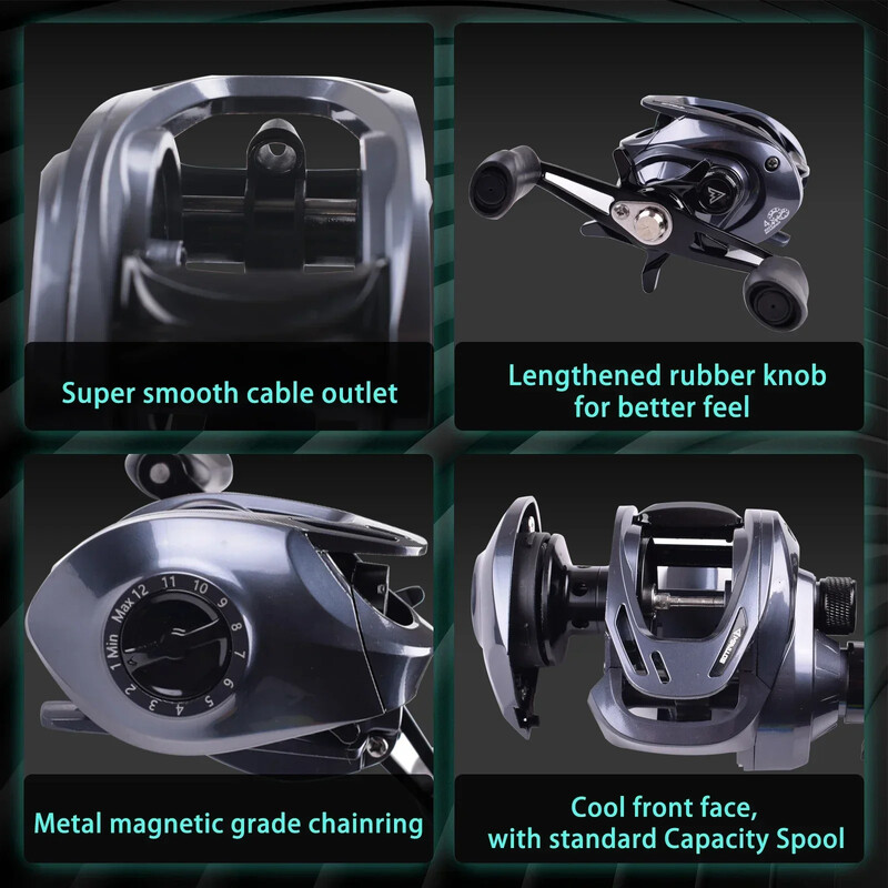 Mavllos Finsen makšķerēšanas spole, oglekļa šķiedras bremžu vilkmes jauda 7 kg, attiecība 7,1:1, misiņa zobrata magnētiskās sistēmas Baitcaster spole