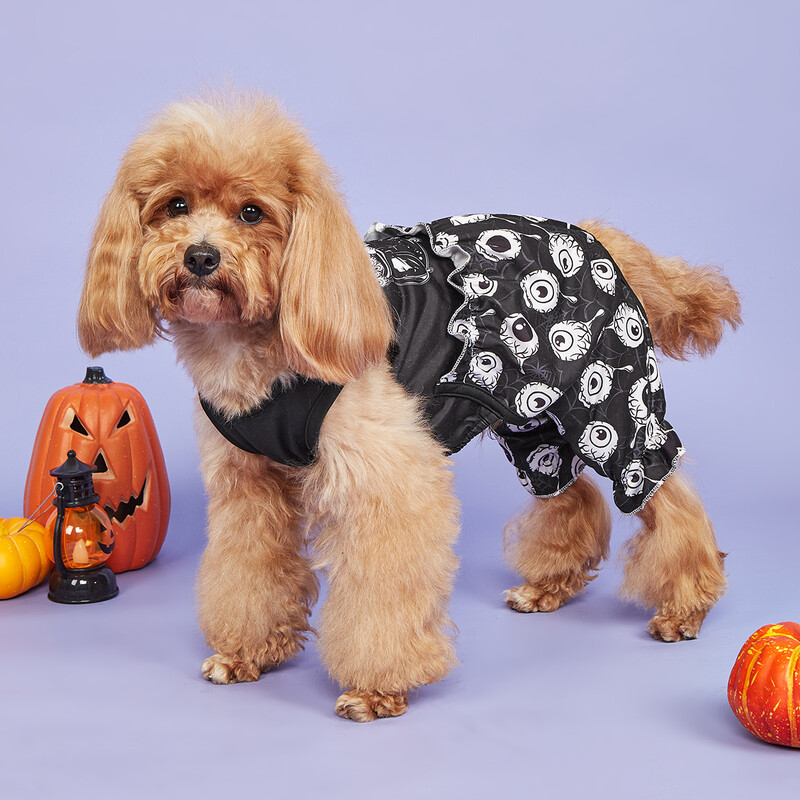 Helovino šunų kombinezonas be rankovių su baisiomis raidėmis ir tamsiai atspausdintais akies obuoliais Šaunūs šunų drabužiai mažiems šunims, mergaitėms berniukui