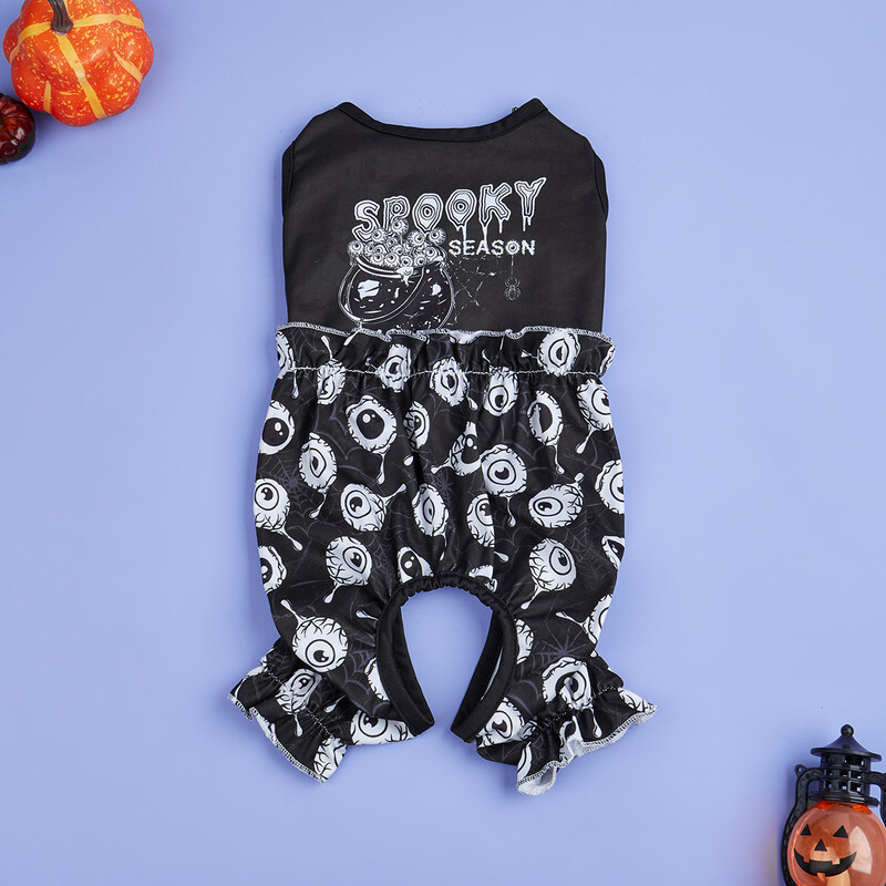 Helovino šunų kombinezonas be rankovių su baisiomis raidėmis ir tamsiai atspausdintais akies obuoliais Šaunūs šunų drabužiai mažiems šunims, mergaitėms berniukui