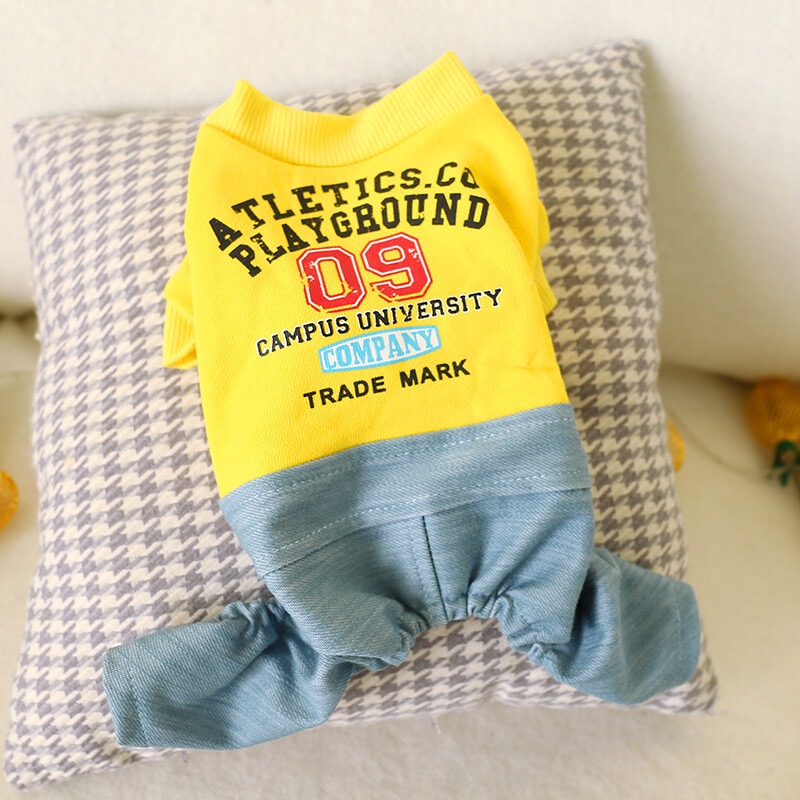 2019 m. šunų drabužiai geltoni džinsai kombinezonas Žieminiai šunų drabužiai keturioms kojoms Šilti naminių gyvūnėlių drabužiai Mažo šuns raidžių kostiumas