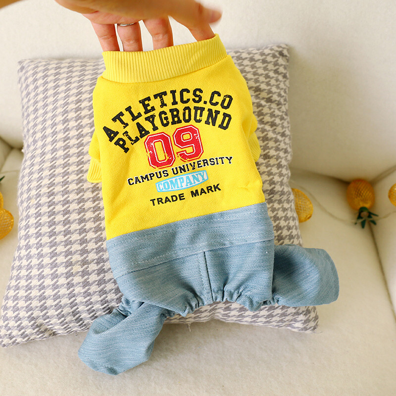 2019 m. šunų drabužiai geltoni džinsai kombinezonas Žieminiai šunų drabužiai keturioms kojoms Šilti naminių gyvūnėlių drabužiai Mažo šuns raidžių kostiumas