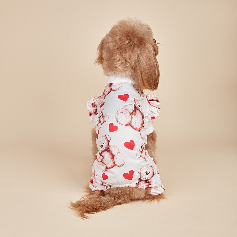 Kutya pizsama kiskutyáknak nyomott rózsaszín medve és szív kisállat ruhák aranyos kiskutya kutya ruhák jumpsuit bodyk Valentin napra