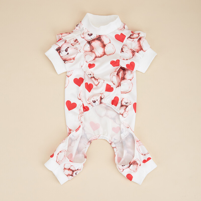 Kutya pizsama kiskutyáknak nyomott rózsaszín medve és szív kisállat ruhák aranyos kiskutya kutya ruhák jumpsuit bodyk Valentin napra