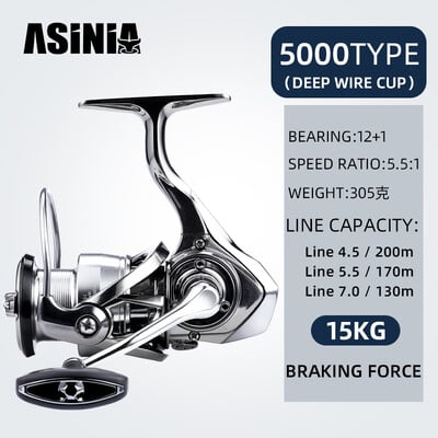 „Asina-Ultralight“ spiningo žvejybos ritė, sūraus vandens sukimo ritės, maksimalus pasipriešinimas 15 kg, 5,5:1, naujausia, 1000–5000