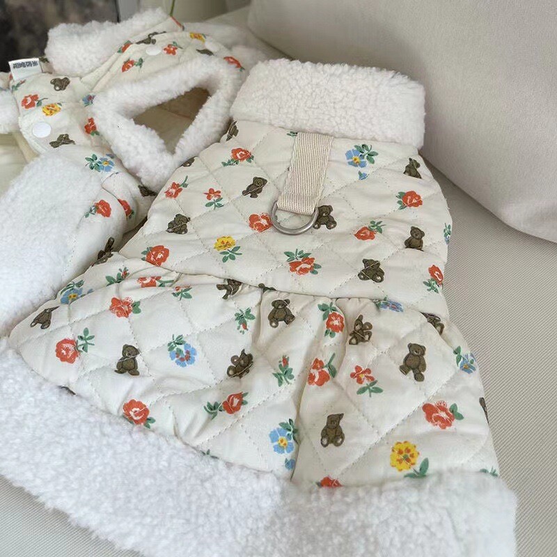 Šilti žieminiai naminių šunų rūbai Meškiuko gėlytės medvilninė šuniuko suknelė Pastorinta ir šilta šuniuko pėdų kailis naminių gyvūnėlių mados megztinis XS-XL