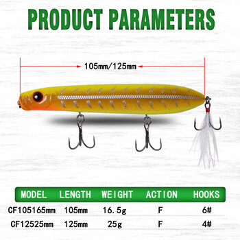 Плаващ молив 125 мм, 25 г, 105 мм, 16,5 г примамка за риболов на бас твърда примамка CF примамка Topwater Tackle Jerk Bait