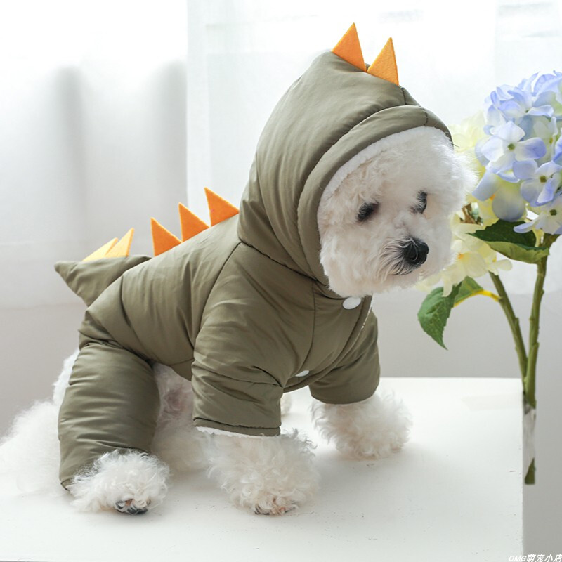 1 vnt. naminių gyvūnėlių drabužiai žieminiai pliušiniai stori kareiviškos spalvos riebūs dinozaurai Keturkojai medvilniniai paltai, tinkami mažiems ir vidutinio dydžio šunims