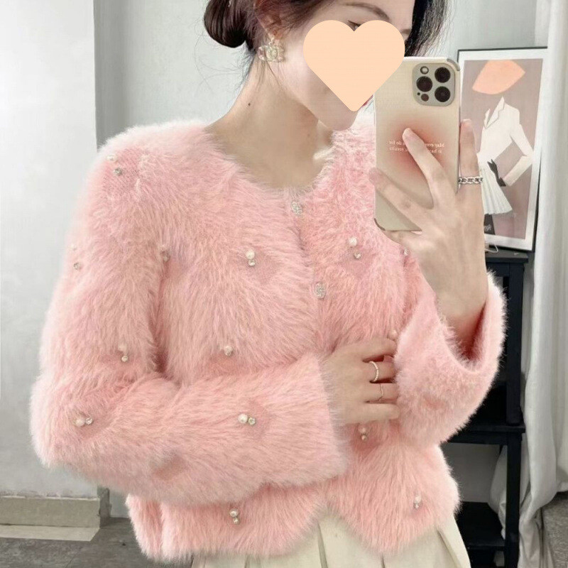 Imitācijas samta trikotāžas jaciņa džemperis Sieviešu Pavasaris Rudens Ziemas Biezs Īss 2024 Jauns Augstas Kvalitātes Labs Izskats