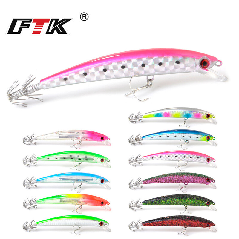 FTK Minnow Wobblers horgászcsali 120mm 23g tintahal horog 3D Eyes Wood Shrimp Sea Kemény mesterséges csali