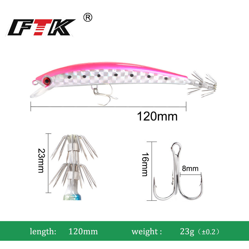 FTK Minnow Wobblers horgászcsali 120mm 23g tintahal horog 3D Eyes Wood Shrimp Sea Kemény mesterséges csali