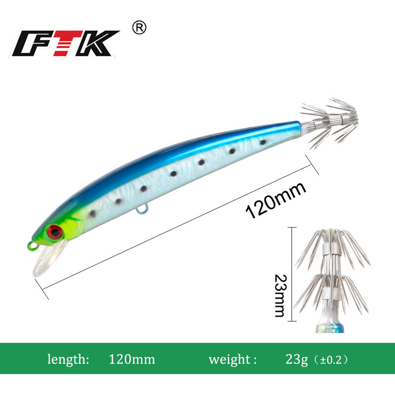 FTK Minnow Wobblers horgászcsali 120mm 23g tintahal horog 3D Eyes Wood Shrimp Sea Kemény mesterséges csali