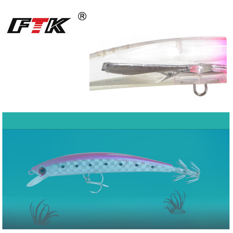 FTK Minnow Wobblers horgászcsali 120mm 23g tintahal horog 3D Eyes Wood Shrimp Sea Kemény mesterséges csali
