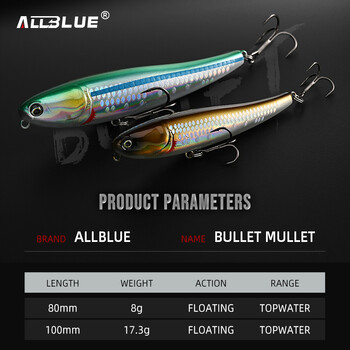 ALLBLUE BULLET MULLET 80mm/100mm Topwater Pencil Surface Walker Плаваща риболовна примамка Walk The Dog Saltwater Bass Hard Bait