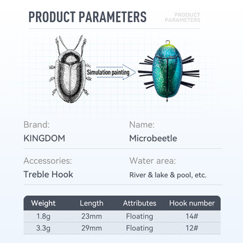 Kingdom Microbeetle Изкуствена примамка за риболов на насекоми от горната вода 1,8 g 3,3 g Treble Hook 14# 12# Плаващи воблери Стръв за насекоми Notobug