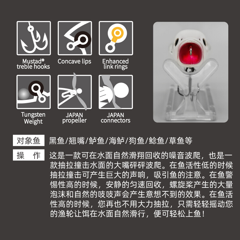 Lureholic 5cm 9g Triukšmingas sraigtas Pop Prop Kietas masalas paviršinis Topwater Popper žvejybos masalai Gėlavandeniai upėtakių ešerių dirbtiniai masalai