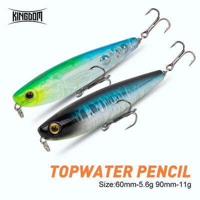 Kingdom Topwater Surface pliiatsiga kalapüügi landid 60 mm 5,6 g 90 mm 11 g ujumisriistad, ujuvad kunstlikud kõvad söödad, kalapüügitarbed