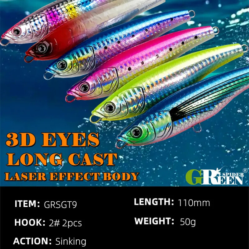 GREENSPIDER GT Žvejybos sūraus vandens lazda, dirbtinis masalas jūrinei žvejybai Stickbait pieštuko masalas, nuskendęs 110 mm 50 g