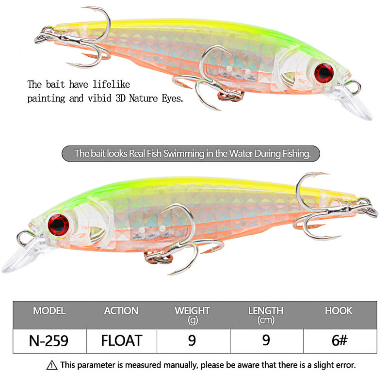 90 mm 9,5 g plūduriuojantis Minnow žvejybos masalas Pesca vobleris Saltwater Trout Bass Dirbtinis masalas Didmeninė prekyba barškučiais maudymosi priedai