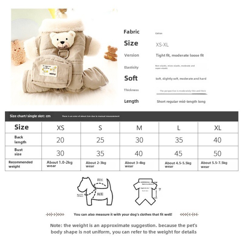 Kutyaruhák őszi/téli vastag aranyos deréktáska négylábú pamutkabát kis kutya maci házi kedvenc