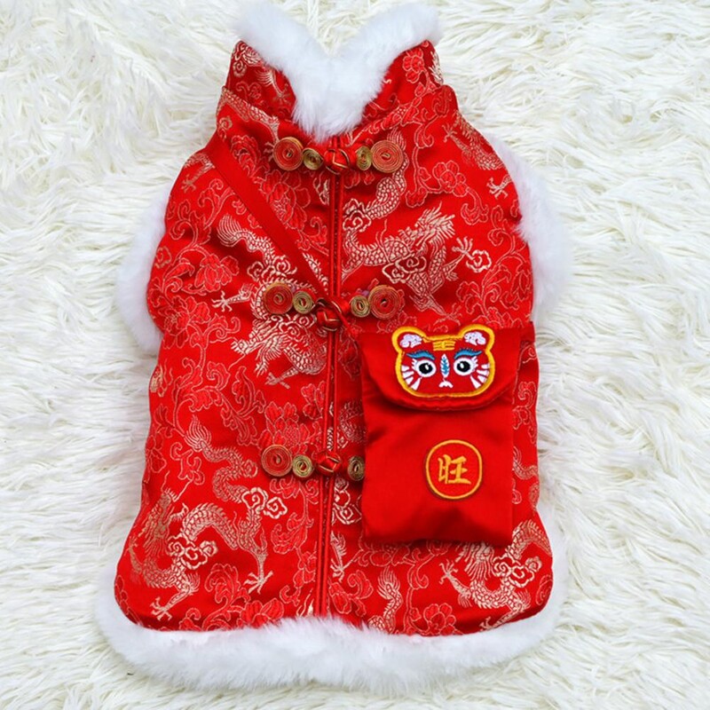 Palton pentru câini, destul de rafinat, cu cataramă, confortabilă, în stil chinezesc, pentru Anul Nou