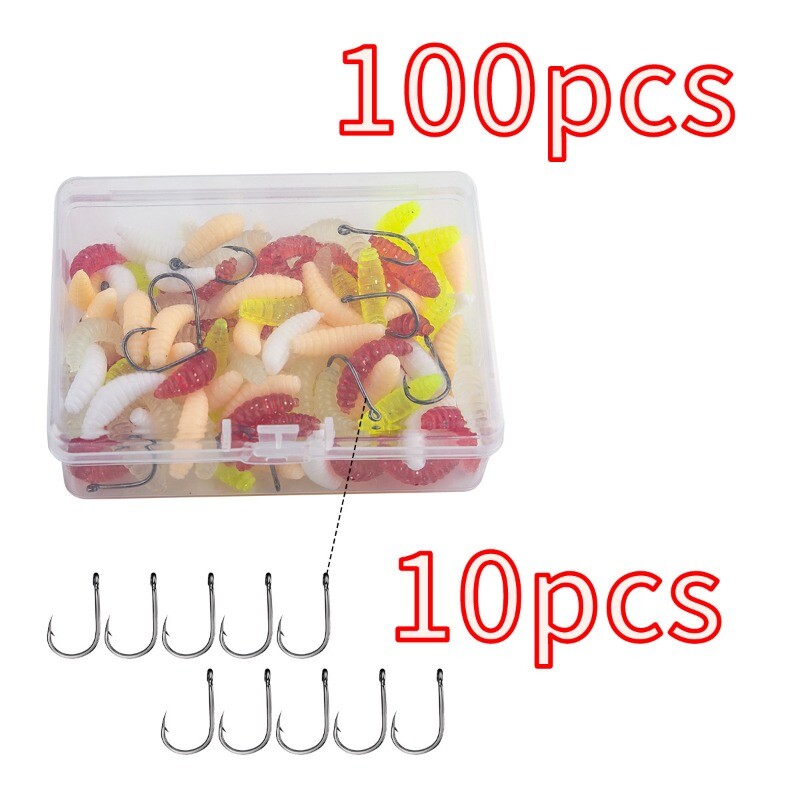 100 vnt muselinės žūklės masalas Daugiaspalvis mišrus miltų kirmėlių dėžutė su 10 vnt Ise-ni kabliukų, kuriuos lengva nešiotis tikroviški masalai gali gerai žvejoti