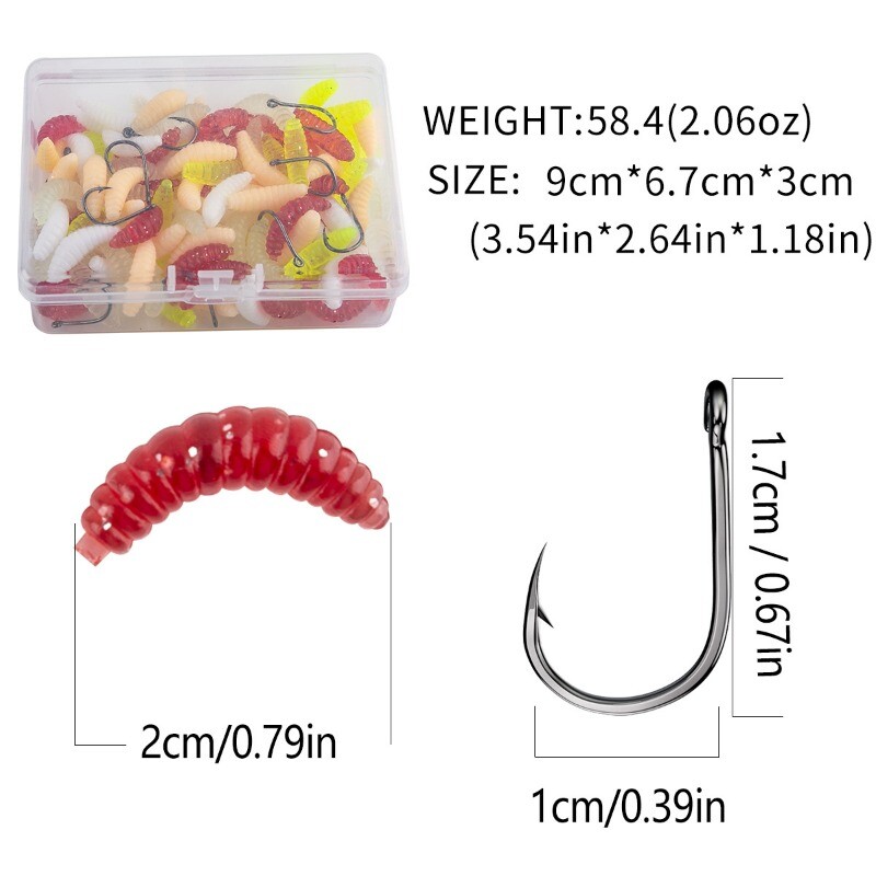 100 vnt muselinės žūklės masalas Daugiaspalvis mišrus miltų kirmėlių dėžutė su 10 vnt Ise-ni kabliukų, kuriuos lengva nešiotis tikroviški masalai gali gerai žvejoti