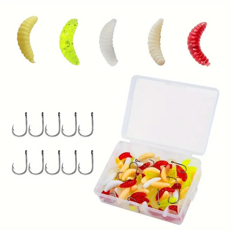 100 vnt muselinės žūklės masalas Daugiaspalvis mišrus miltų kirmėlių dėžutė su 10 vnt Ise-ni kabliukų, kuriuos lengva nešiotis tikroviški masalai gali gerai žvejoti