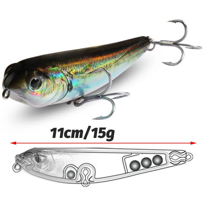 „Walk The Dog Topwater“ žvejybos masalas, 15 g, 11 cm, plūduriuojantis pieštuko masalas, 3D „swimbait“ kabliukas „Pesca Wobbler Minnow Gear Crankbait“