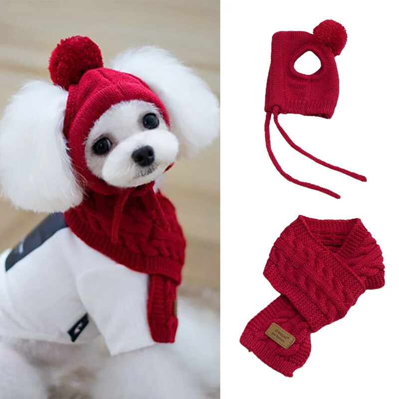 Șapcă pentru câini, iarnă, caldă, tricotată, set pălărie în dungi + eșarfă Teddy Chihuahua Costum cățeluș Crăciun Anul Nou Cadouri pentru animale de companie Accesorii pentru câini