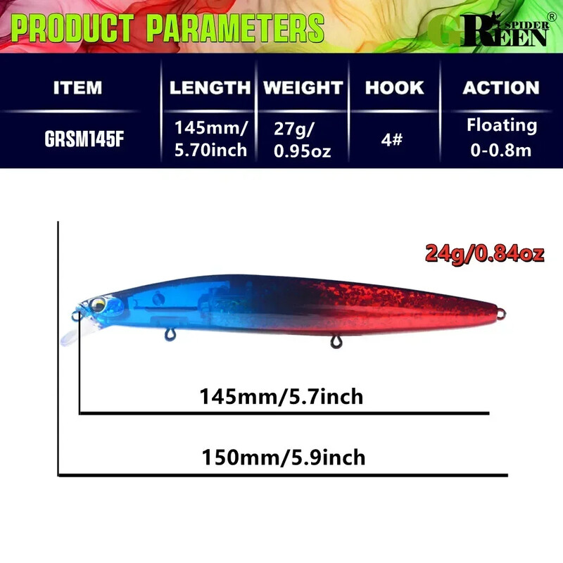 GREENSPIDER Jauns UV 145mm/27g Peldošs Minnow Long Casting Hard Bait Flash Blade Vobleris zvejas vilinājums Sea Bass Lure
