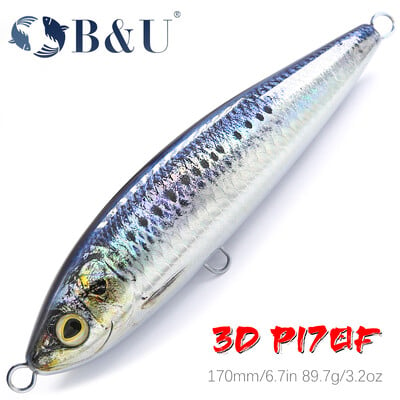 B&U 170mm 3D Printing Floating Pencil Fishing Lure Flash Flake Θαλασσινό νερό Isca Artificial Wobbler για συρτή τόνου Sailfish GT