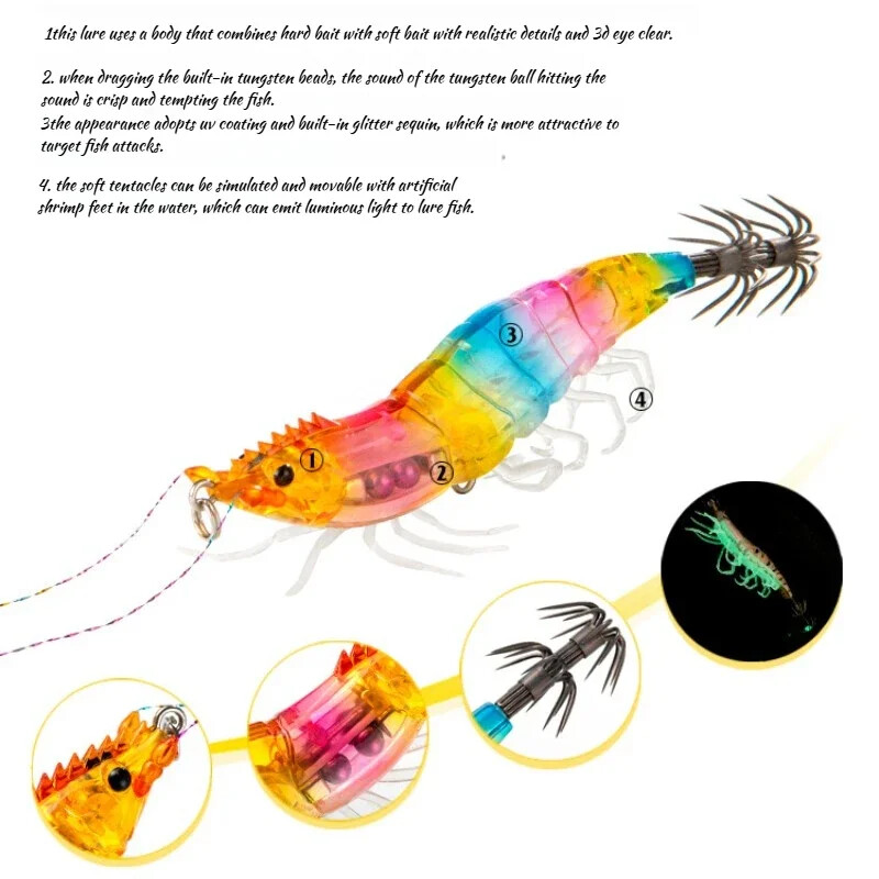 Naujas Luminous Squid Jig Wood Shrimp 10g/15g Skęstantis aštuonkojis Egi Vobleris dirbtinis kietas masalas Sepijos kabliukas jūrinės žvejybos reikmenys