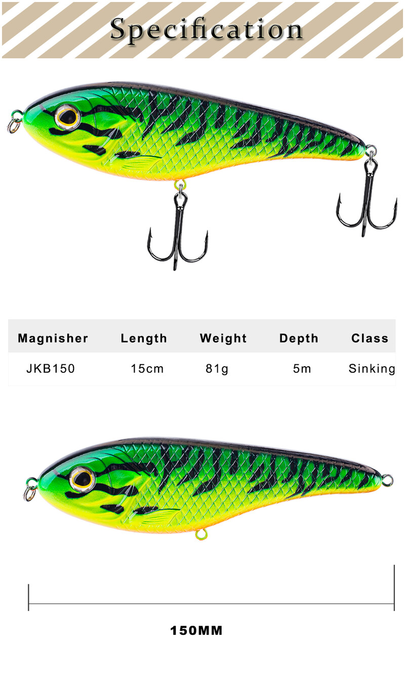 Magnisher Glide Jerkbait Big Game Makšķerēšanas mānekļi Cietie mākslīgie līdakas muskusa ēsma Jerk Wobble Fast Sink Jerkbait 15cm 81g piederumi