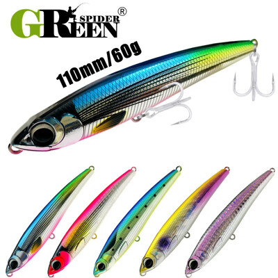 GREENSPIDER 110mm 60G uppuv pliiatsiga kalapüügi landid Wobbler Stickbait kunstlik kõva sööt meretuunile GT püügilant 5X konks