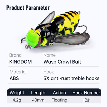 Kingdom Wasp Crawl Fishing Bait 4.2g 40mm Bionic Insect Floating Fishing Lure Твърди изкуствени примамки Бас Шаран Риболов на щука