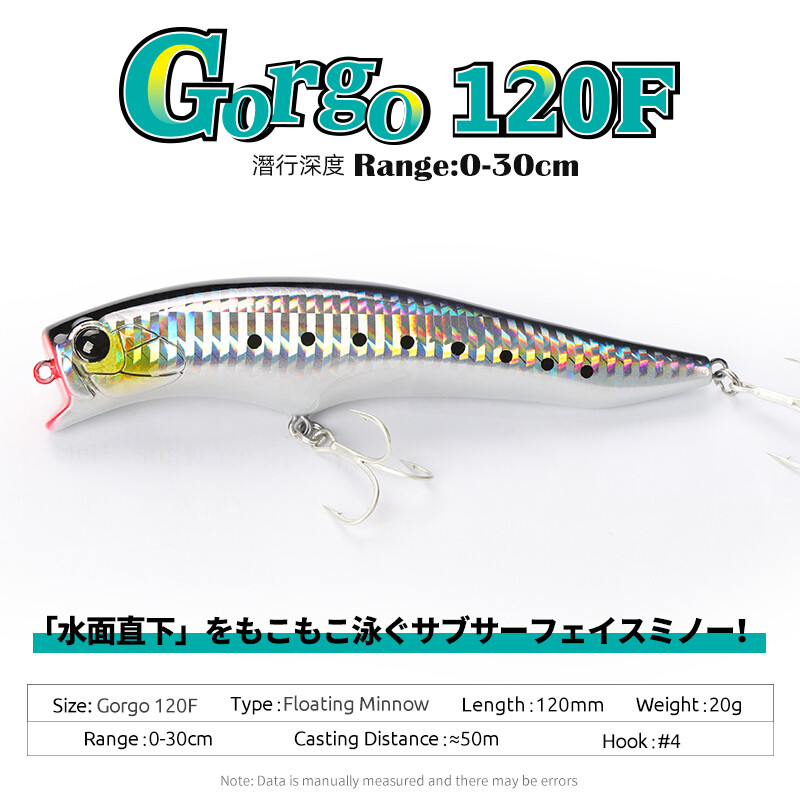 TSURINOYA 120F Ultra hosszú dobás, sekély hatótávolságú úszó Minnow Beach horgászcsali 120mm 20g 0-30cm GORGO sósvízi kemény csali