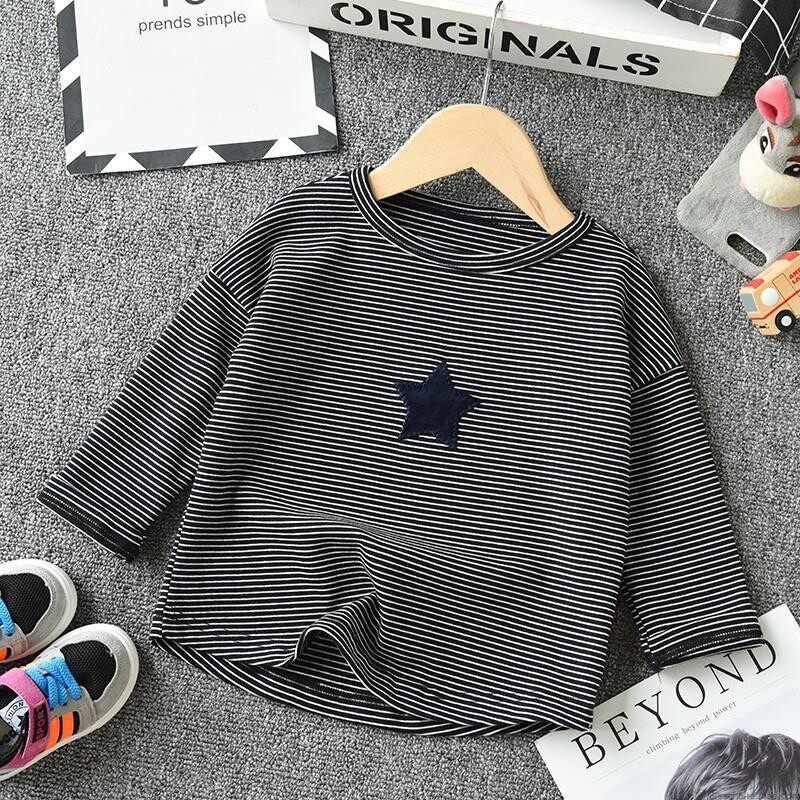 Pavasariniai marškinėliai ilgomis rankovėmis berniukams Vaikiški grynos medvilnės apatiniai marškinėliai vaikams ir mažiems Korėjietiški dryžuoti viršutiniai kūdikių viengabalėliai