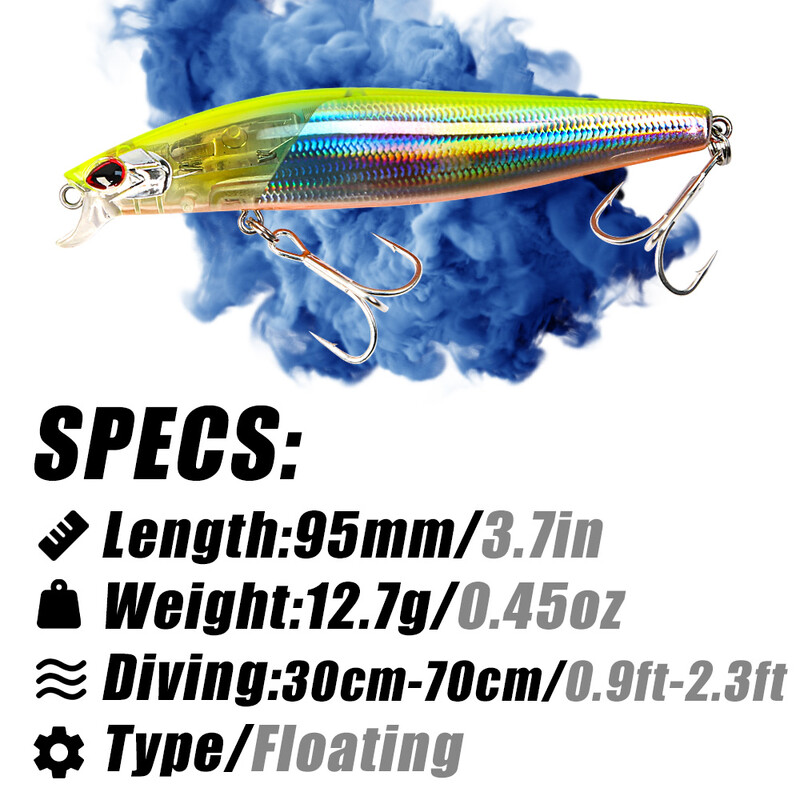 B&U JERK MINNOW 95 mm 12,7 g plaukiojantis vobleris slydimo vandens žvejybos masalas Minnow masalas kietas masalas, profesionalus gylis 0,1–0,5 m