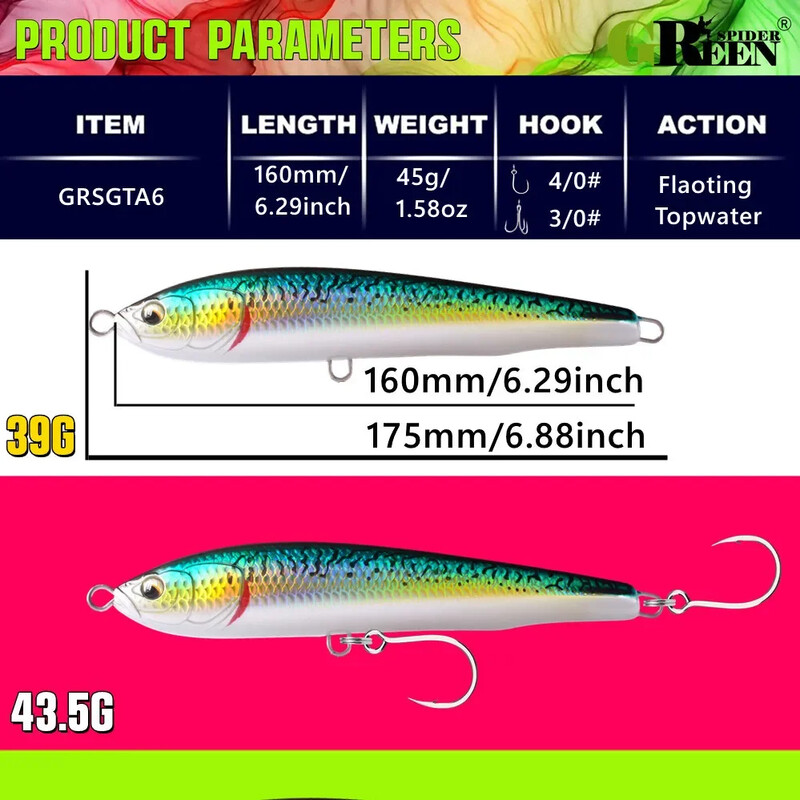GREENSPIDER felsővízi horgászcsali 160 mm-es 45 g mélytengeri horgászcsónakos tengeri vízi kemény csalik úszó ceruza King Fish GT tonhal