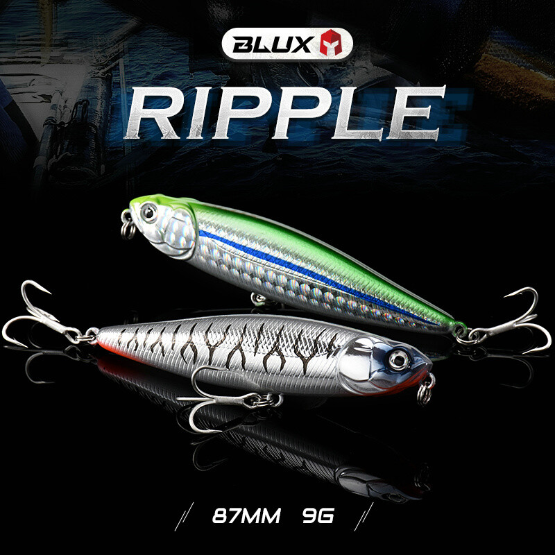 BLUX RIPPLE 87 Topwater Pieštukas WTD 87mm 9g Paviršinės žūklės masalas Šunų vaikščiojimas Dirbtinis sūraus vandens kietas bass, plastikinis vaikštynas