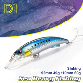 D1 Sea Minnow Heavy Süllyedő csali 92mm 49g 110mm 60g Rocks & Beach Hard Bait Tonhal Wobbler Ponty Crankbait csuka hármas horgokkal