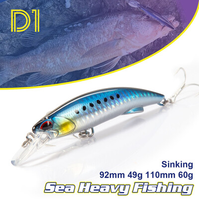D1 Sea Minnow Heavy Süllyedő csali 92mm 49g 110mm 60g Rocks & Beach Hard Bait Tonhal Wobbler Ponty Crankbait csuka hármas horgokkal