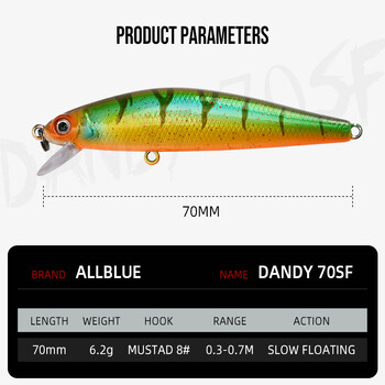 ALLBLUE DANDY 70SF Воблер 6.2g 70mm Slow Floating Minnow Дълбочина 0.3-0.7m Твърда риболовна примамка Изкуствена стръв Принадлежности за бас щука