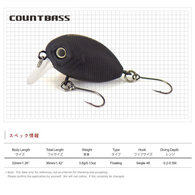 COUNTBASS úszó hajtókaros csali, 32 mm, 3,6 g, búvárkodás, 0,2-0,5 m, műanyag horgász wobbler sügér Leurre horgászcsali