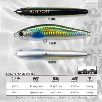 Hunthouse Pencil Fishing Lure Потъваща твърда стръв Воблери 70mm/13.5g 95mm/24g Honey Trap Тролинг в солена вода за щука