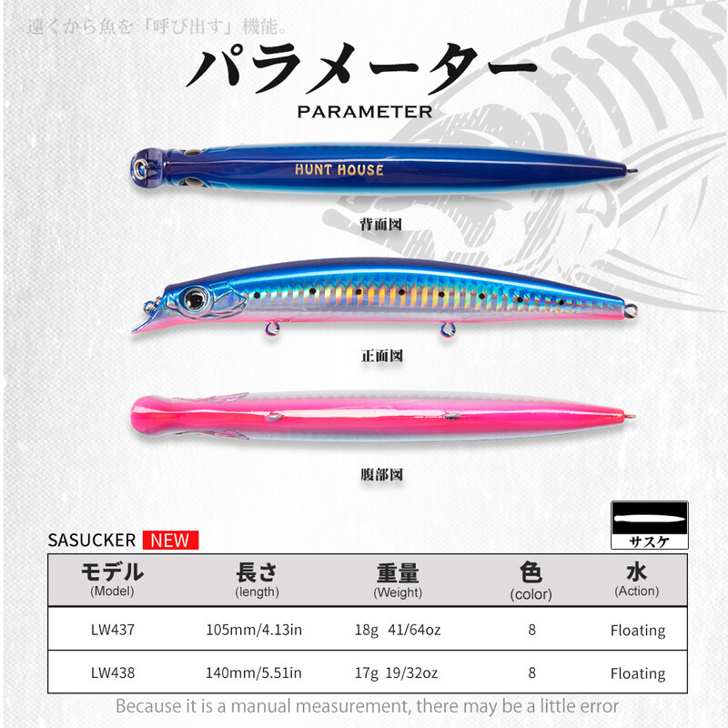 Hunthouse Fishing Sasuck Lipless Minnow Bait Pencil Lure Plūduriuojantis 105mm/18g 140mm/17g Vobleris Jerkbait Seabass Pike Saltwater